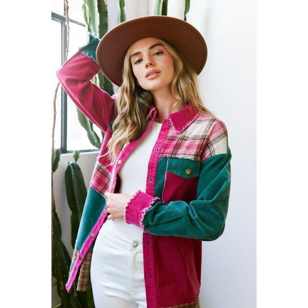 Fantastic Fawn Plaid Corduroy Button Down Longline Shacket IFJ63444-02 - Picture 7 of 10